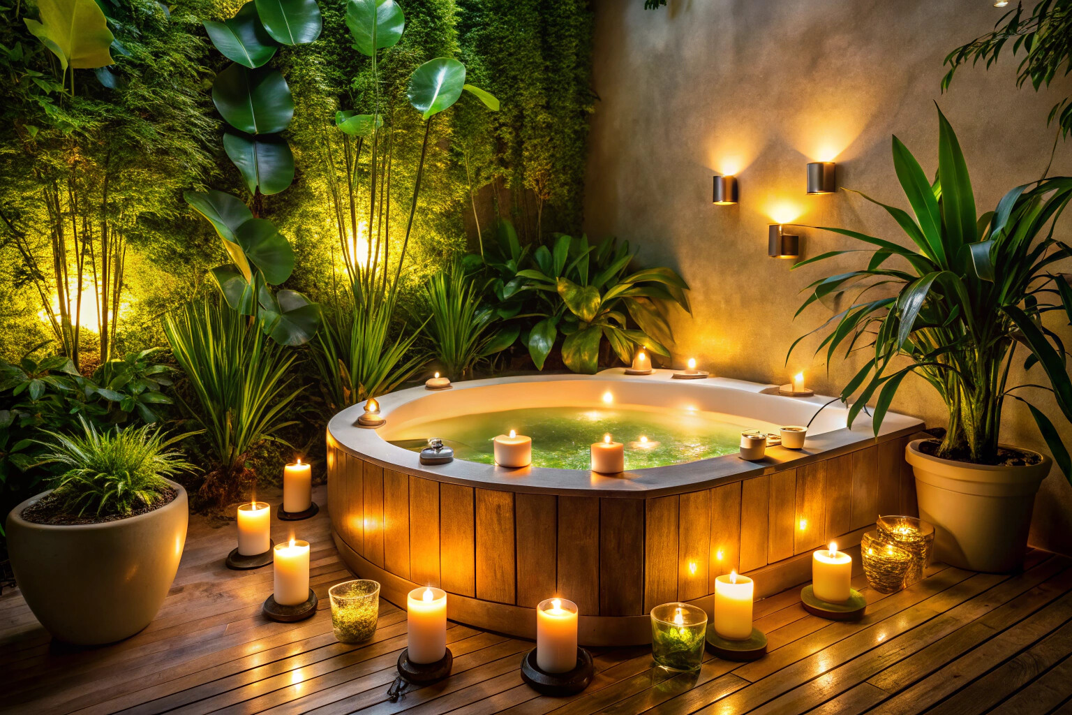 Un ambiente rilassante di una spa con una vasca idromassaggio circondata da candele e piante verdi, illuminata da una luce soffusa, senza elementi di testo o marchi