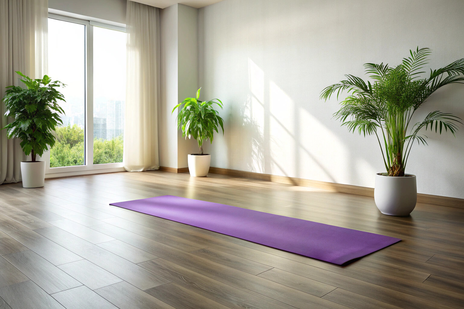Una stanza di yoga tranquilla con luce soffusa, un tappetino viola disteso su un pavimento di legno chiaro, e una pianta verde in un angolo, senza elementi testuali o marchi